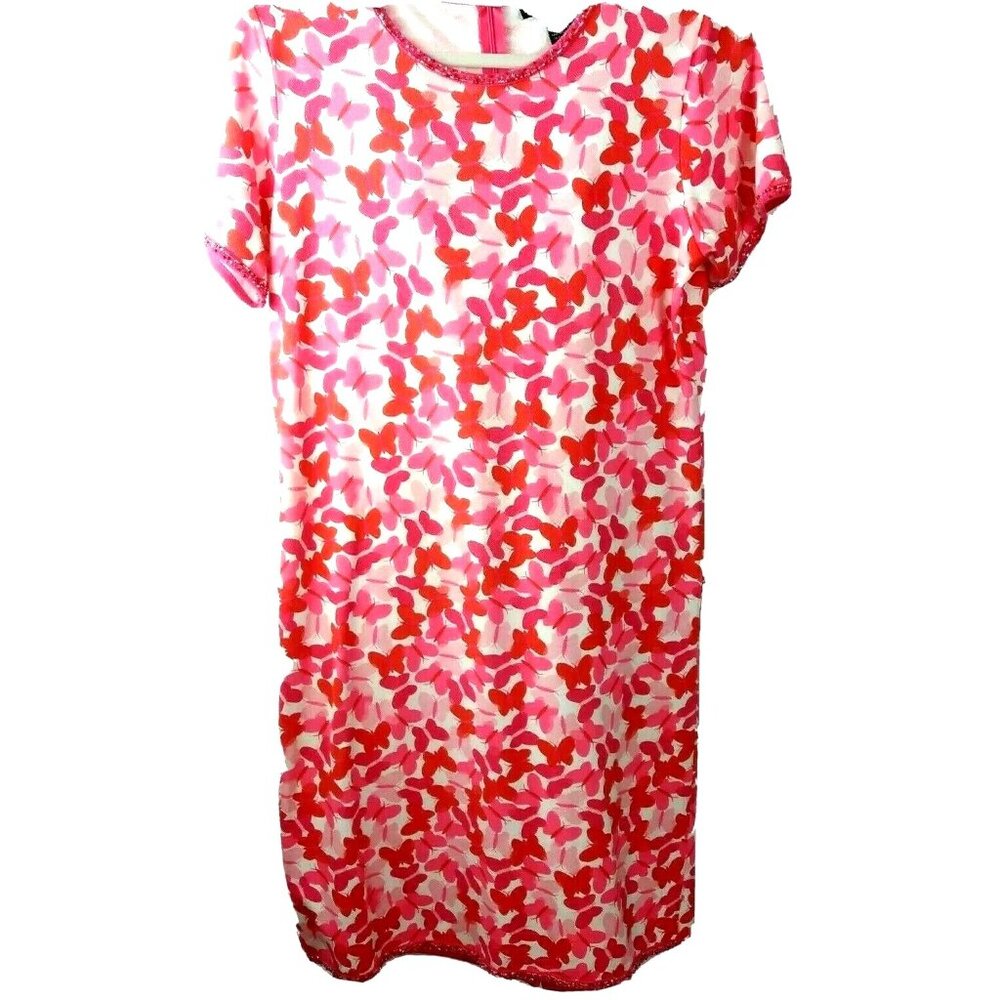 80s Granny Shift Butterfly Dress Small Richard Pink White Beads Vintage Summer